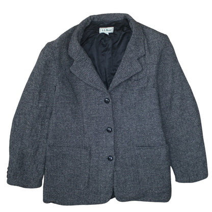 L.L. Bean Women Grey Wool Herringbone Blazer Size 14 Single Breasted