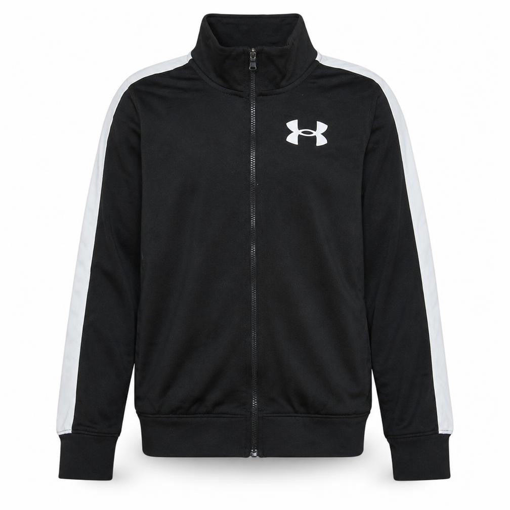 Front view of Under Armour boys’ black full zip hoodie track sweatshirt, size M
