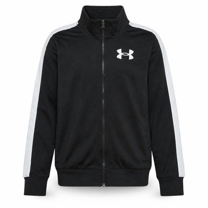Front view of Under Armour boys’ black full zip hoodie track sweatshirt, size M