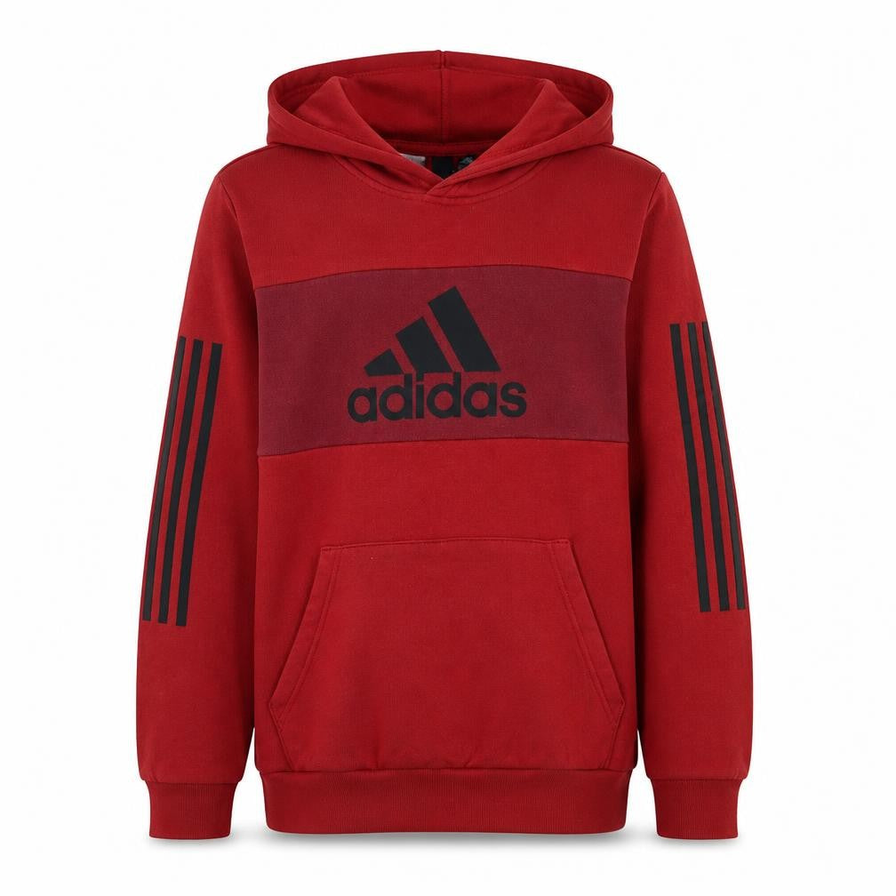 Front view of Adidas boys’ red pullover hoodie xl 15-16y cotton blend logo hooded top