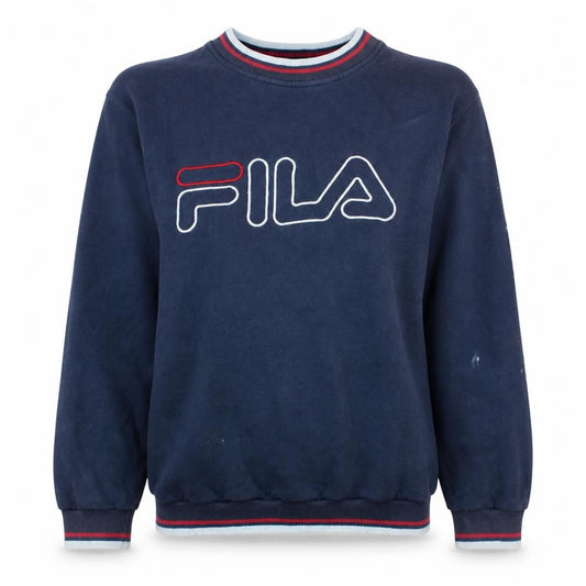 Front view of Fila women’s navy blue logo sweatshirt, size UK 6, classic pullover