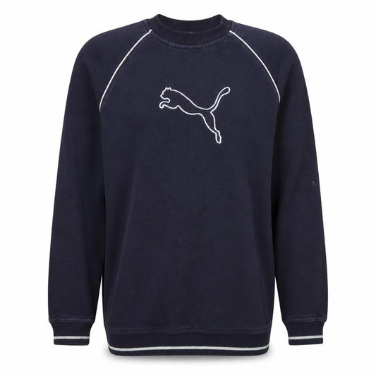 Front view of Puma women’s navy blue crew neck pullover sweatshirt, size UK 16, logo casual