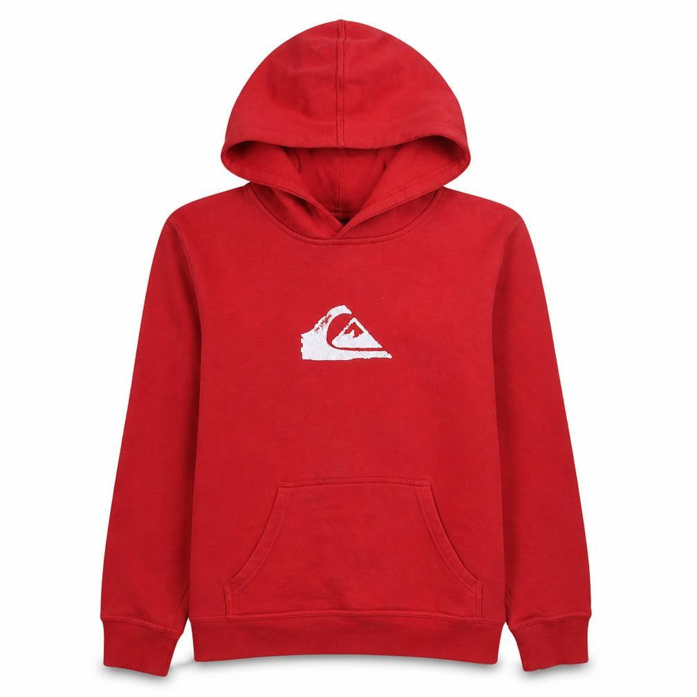 Front view of Quiksilver Teens Red Pullover Hoodie, size 14, Cotton Logo Surf Style