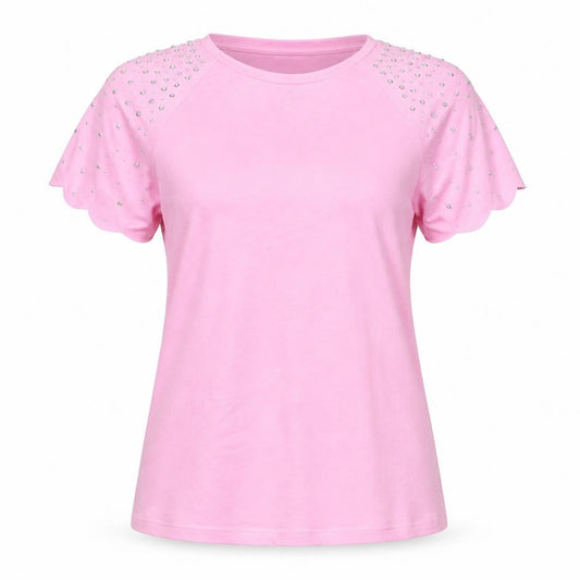 Savida Women's Pink Studded Short Sleeve Cotton T-Shirt Size 10