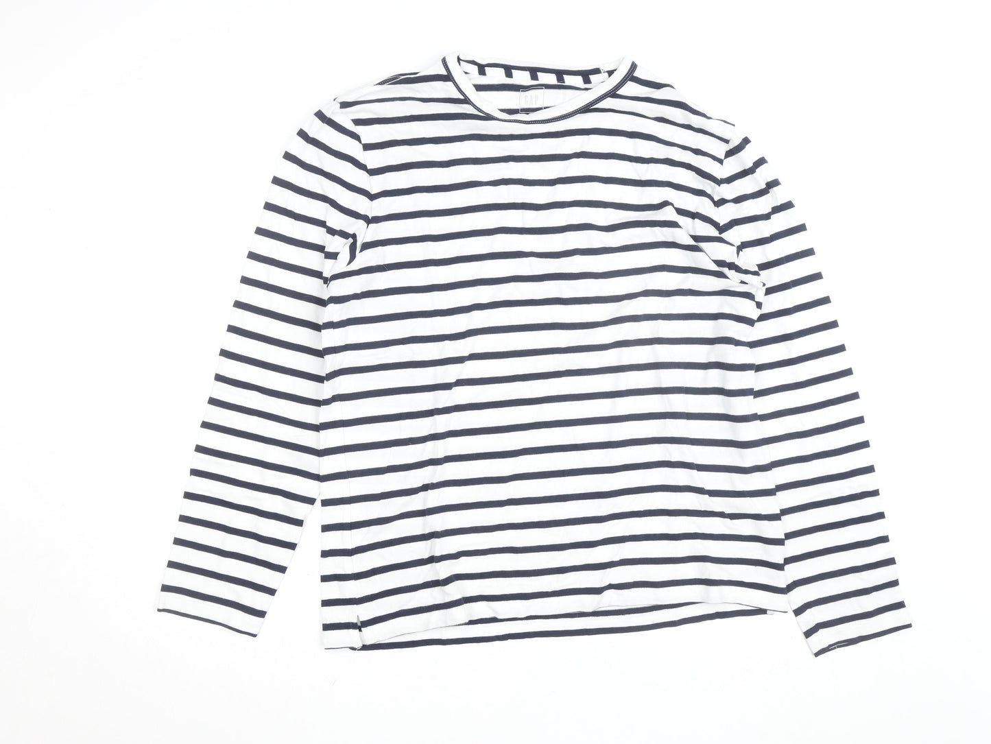GAP Men's White Navy Striped Long Sleeve Cotton Shirt L