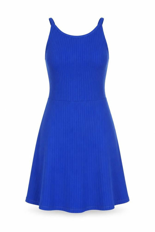 Front view of Topshop Petite Blue Fit & Flare Sleeveless Knit Dress, size 6