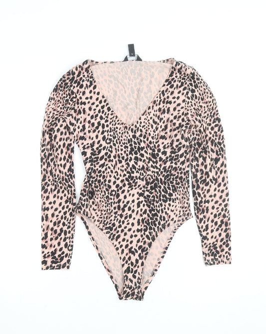 New Look Womens Pink Leopard Print Long Sleeve Bodysuit Size 10