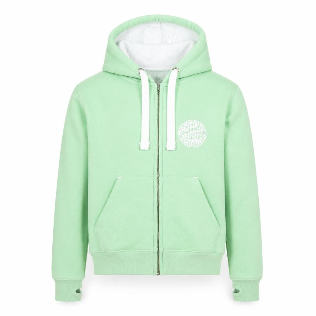 Front view of Cotton Ridge boys’ green hooded zip jacket xs 13-14 years surf company print