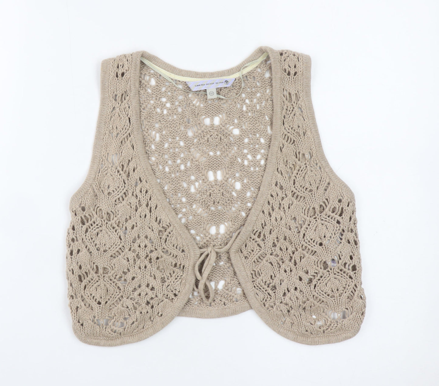 Climb High Dig Deep Ski Steep Beige Crochet Cotton Women's Size 12 Sleeveless Vest