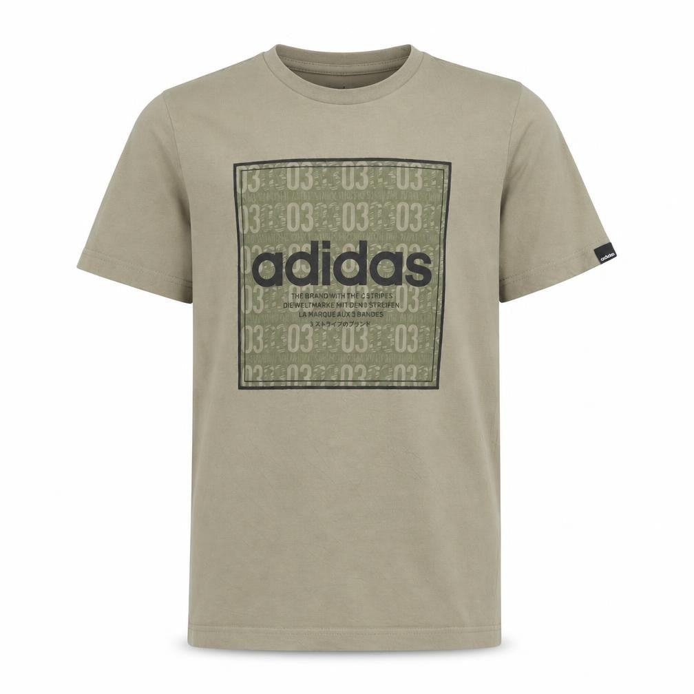 Front view of Adidas boys’ beige graphic logo t-shirt 13-14 years short sleeve cotton