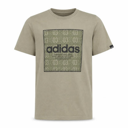 Front view of Adidas boys’ beige graphic logo t-shirt 13-14 years short sleeve cotton