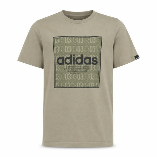 Front view of Adidas boys’ beige graphic logo t-shirt 13-14 years short sleeve cotton