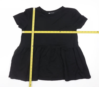 Zara Women Black Peplum Short Sleeve Tunic Top Size 8 Viscose Blend