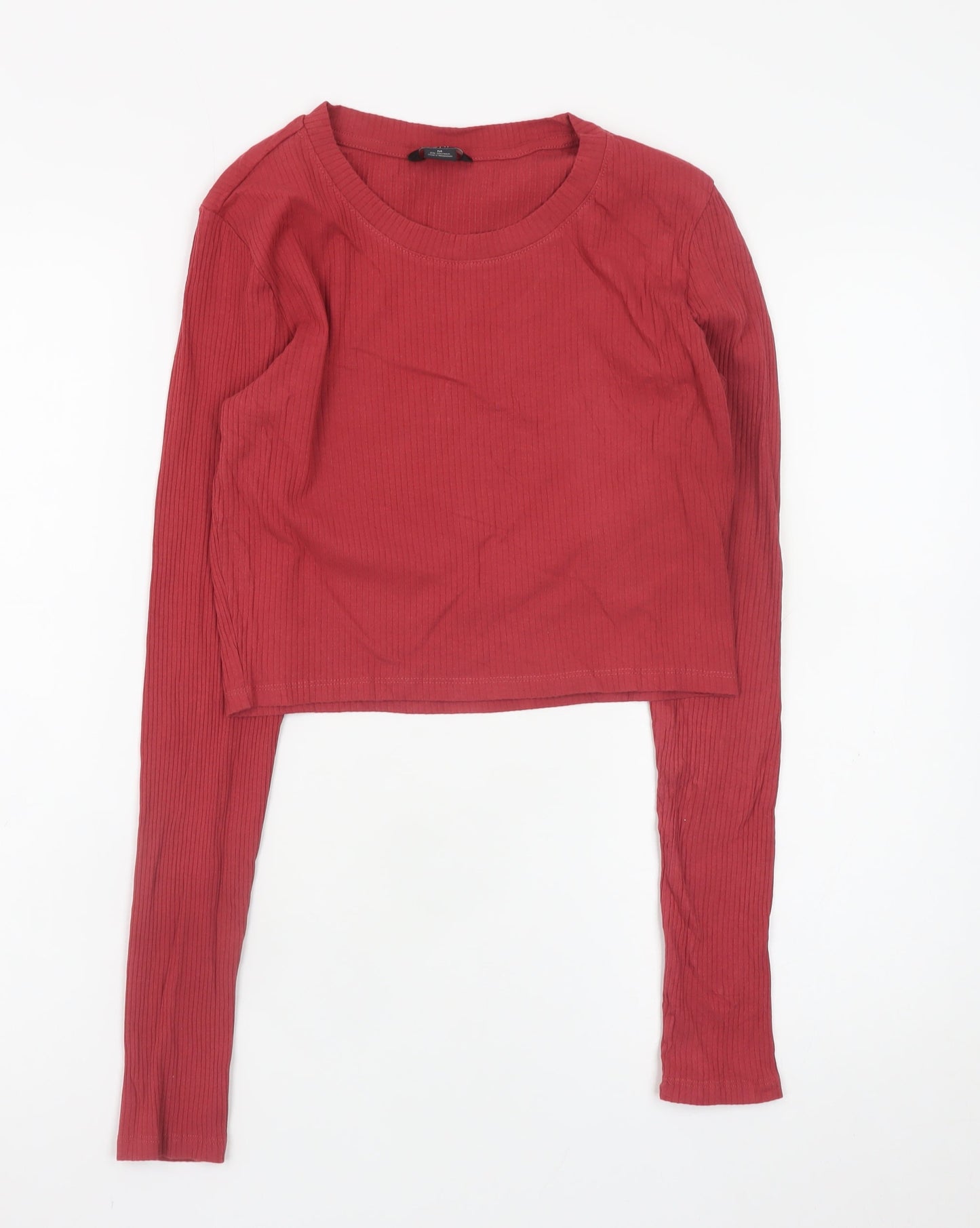 Monki Women's Red Cropped Long Sleeve Ribbed T-Shirt Size 12