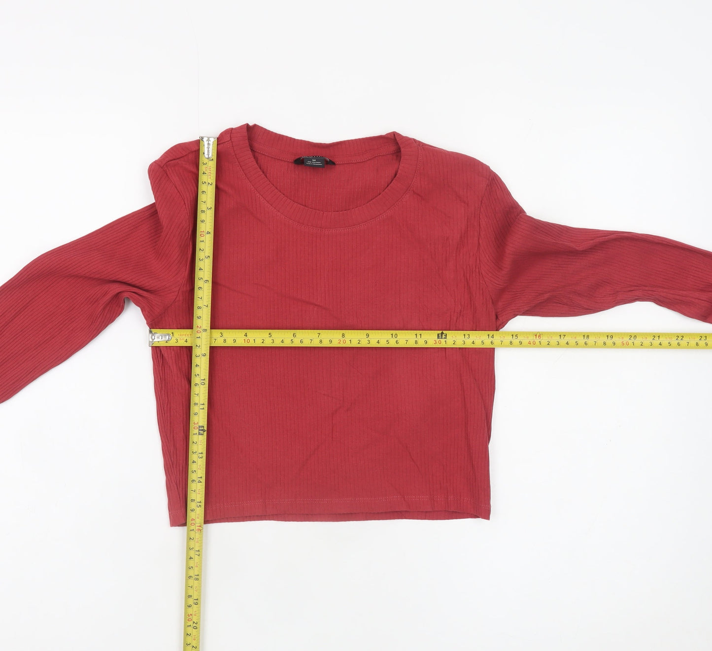 Monki Women's Red Cropped Long Sleeve Ribbed T-Shirt Size 12