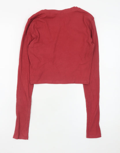 Monki Women's Red Cropped Long Sleeve Ribbed T-Shirt Size 12