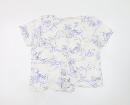 Fat Face Women's White Tropical Floral Button-Up Short Sleeve V-Neck Top Size 16