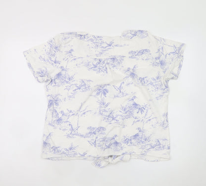 Fat Face Women's White Tropical Floral Button-Up Short Sleeve V-Neck Top Size 16