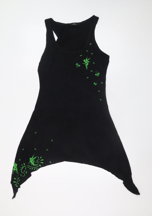 3Elfen Women’s Black Asymmetric Fairy Print Sleeveless Dress L