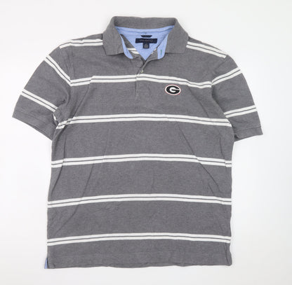 Tommy Hilfiger Men's Grey Striped Polo Shirt Size L Cotton
