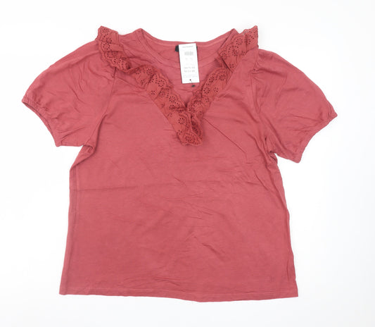 New Look Women Red Short Sleeve Lace Trim V-Neck T-Shirt UK 12