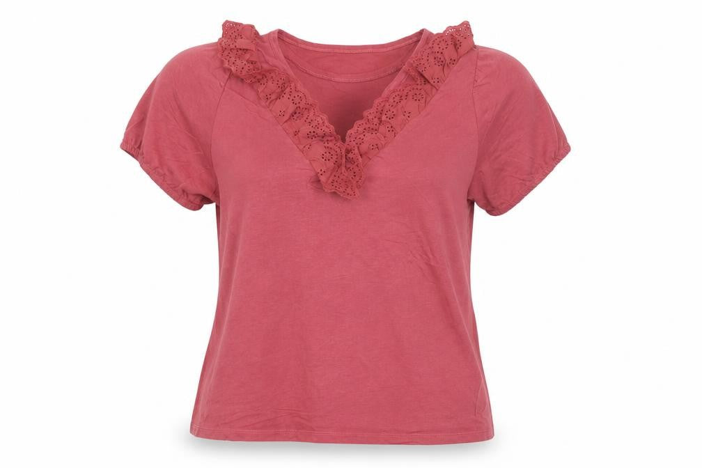 New Look Women Red Short Sleeve Lace Trim V-Neck T-Shirt UK 12