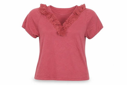 New Look Women Red Short Sleeve Lace Trim V-Neck T-Shirt UK 12