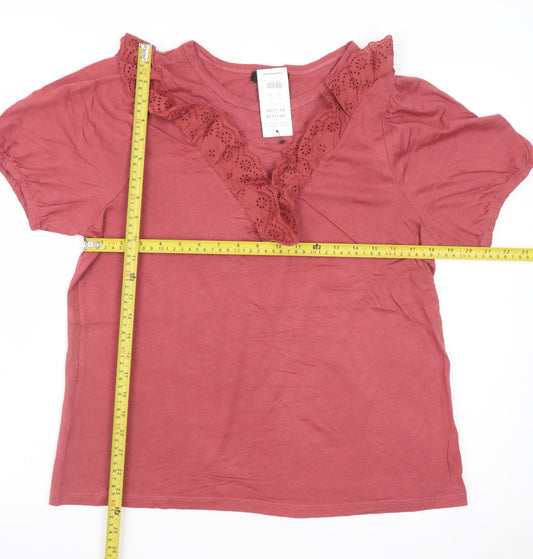 New Look Women Red Short Sleeve Lace Trim V-Neck T-Shirt UK 12