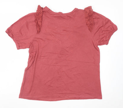 New Look Women Red Short Sleeve Lace Trim V-Neck T-Shirt UK 12