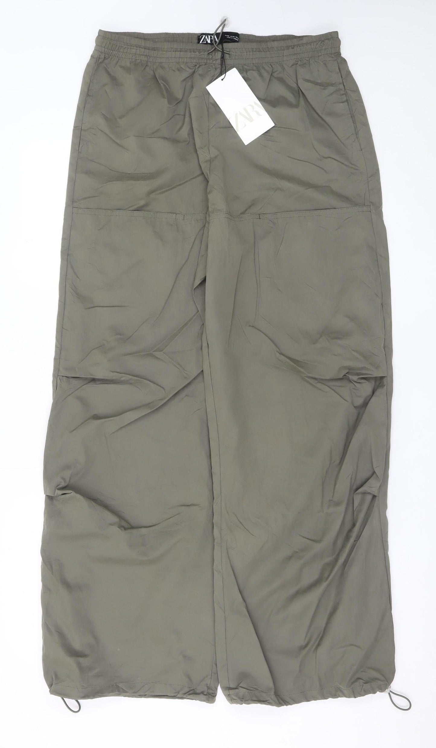 ZARA Women Green Cargo Trousers M Wide-Leg Elastic Waist