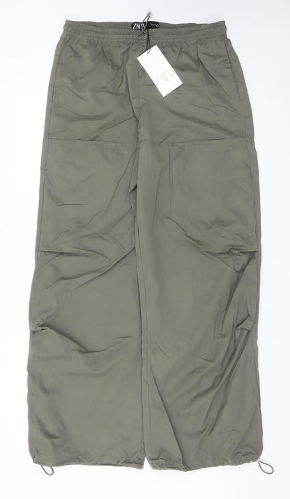 ZARA Women Green Cargo Trousers M Wide-Leg Elastic Waist