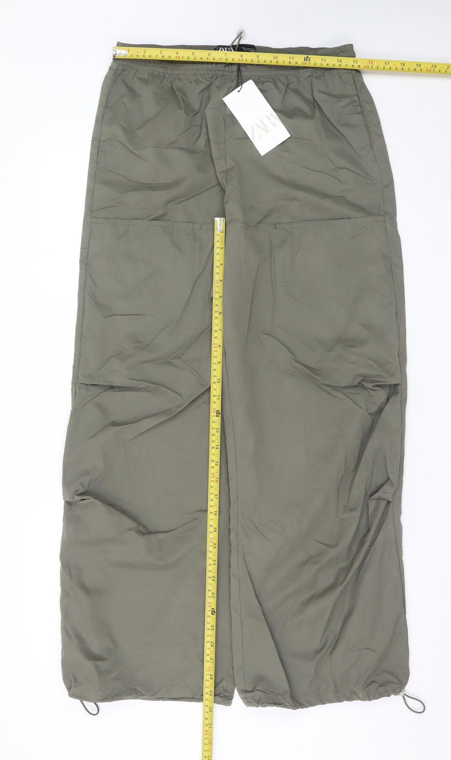 ZARA Women Green Cargo Trousers M Wide-Leg Elastic Waist