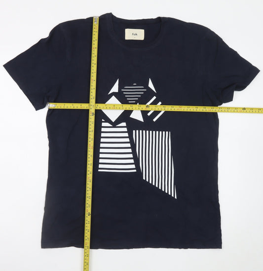 Folk Men's Blue Geometric Art Cotton Crew Neck T-Shirt L