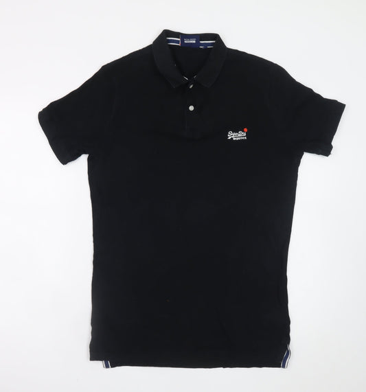 Superdry Men's Black Slim Fit Polo Shirt Size S Cotton Embroidered Logo
