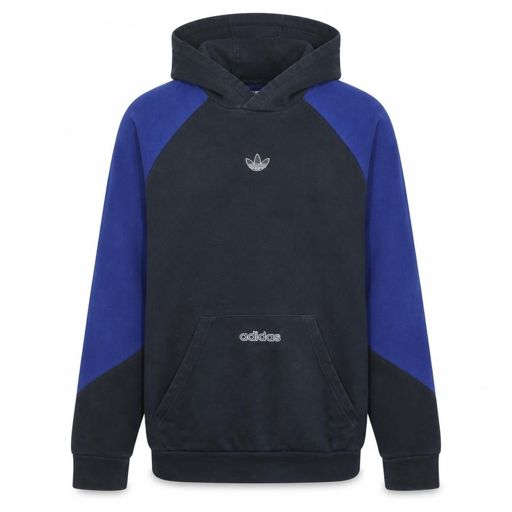 Front view of Adidas boys’ black & blue pullover hoodie 14-15 years cotton logo sportswear