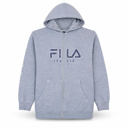 Front view of Fila boys’ grey full zip hoodie xlb logo print cotton blend casual wear