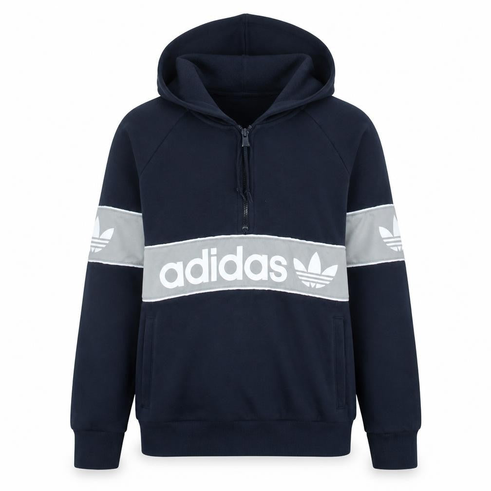 Front view of Adidas Women’s Navy Blue 1/2 Zip Logo Hoodie, size L
