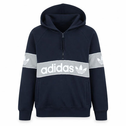Front view of Adidas Women’s Navy Blue 1/2 Zip Logo Hoodie, size L