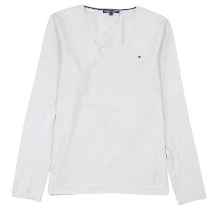 Tommy Hilfiger Women White Cotton V-Neck Long Sleeve Jumper M