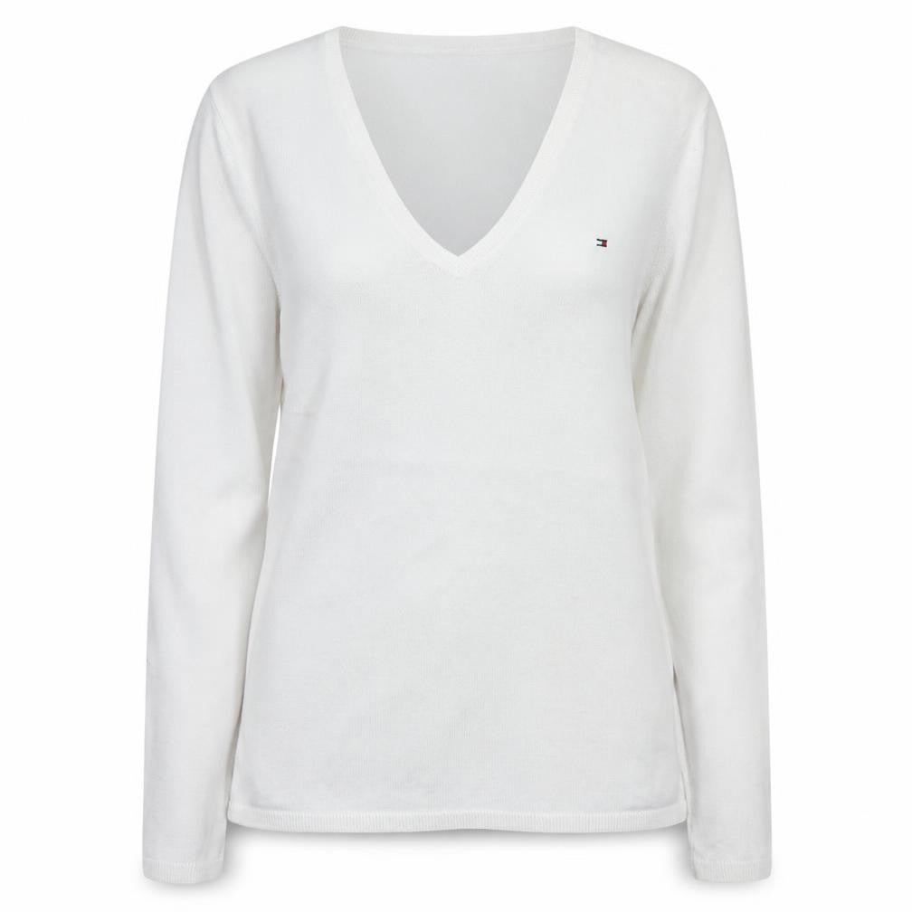 Tommy Hilfiger Women White Cotton V-Neck Long Sleeve Jumper M