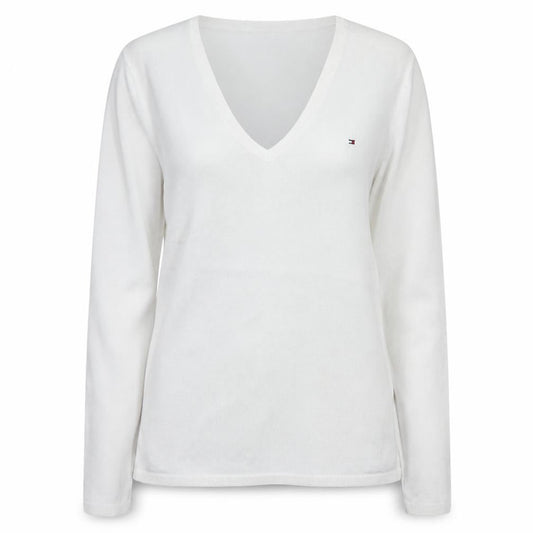 Tommy Hilfiger Women White Cotton V-Neck Long Sleeve Jumper M