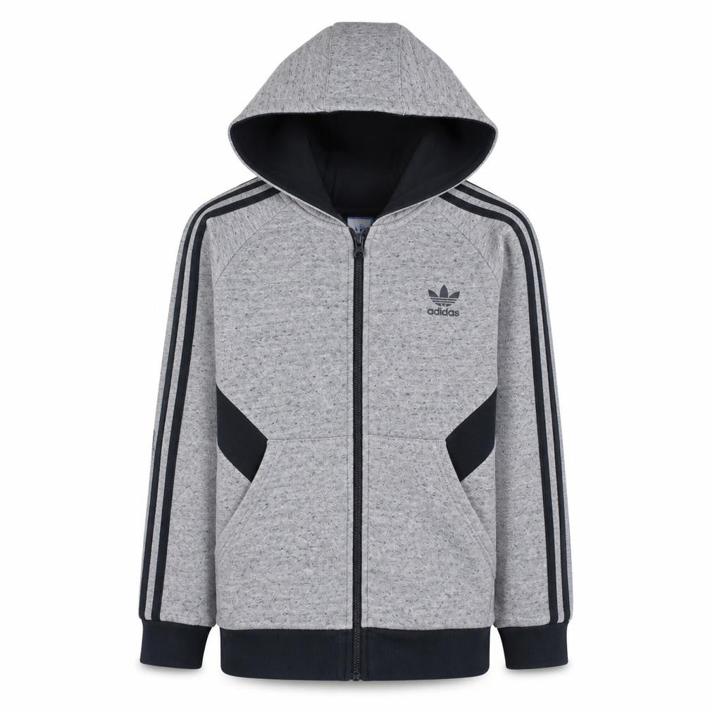 Front view of Adidas boys’ grey full zip hoodie 13-14 years classic logo hooded sweatshirt