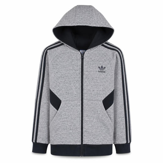Front view of Adidas boys’ grey full zip hoodie 13-14 years classic logo hooded sweatshirt