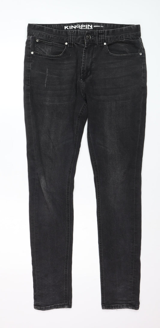Kingpin Mens Black Skinny Fit Stretch Denim Jeans 32R