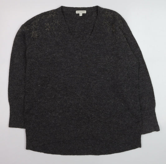Monsoon Womens Grey Beaded V-Neck Long Sleeve Jumper Size M