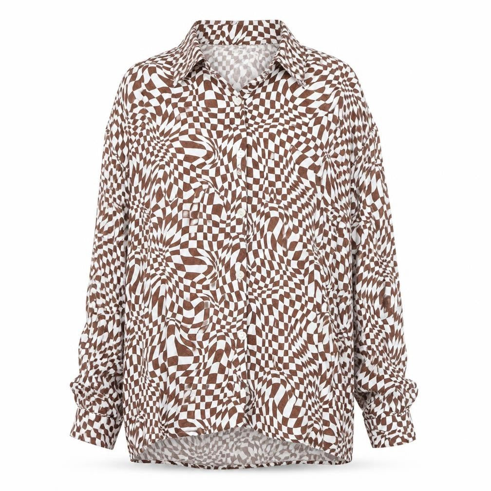 Bershka Women’s Brown Geometric Long Sleeve Button-Up Shirt Size 12