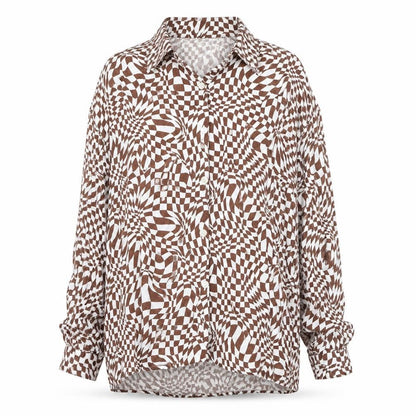 Bershka Women’s Brown Geometric Long Sleeve Button-Up Shirt Size 12