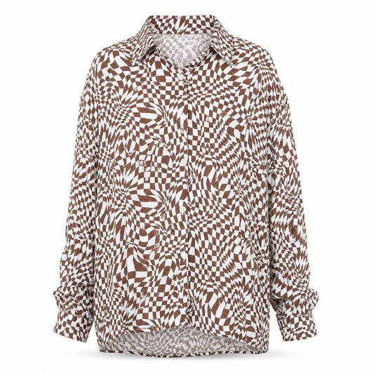 Bershka Women’s Brown Geometric Long Sleeve Button-Up Shirt Size 12