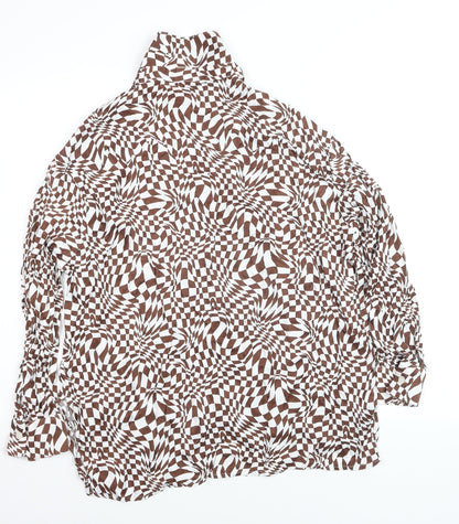 Bershka Women’s Brown Geometric Long Sleeve Button-Up Shirt Size 12