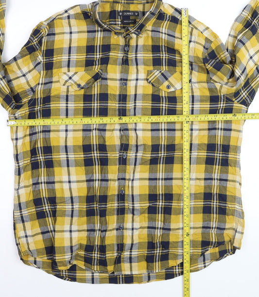 Dunnes Men's Yellow Blue Check Long Sleeve Regular Fit Cotton Shirt XXL